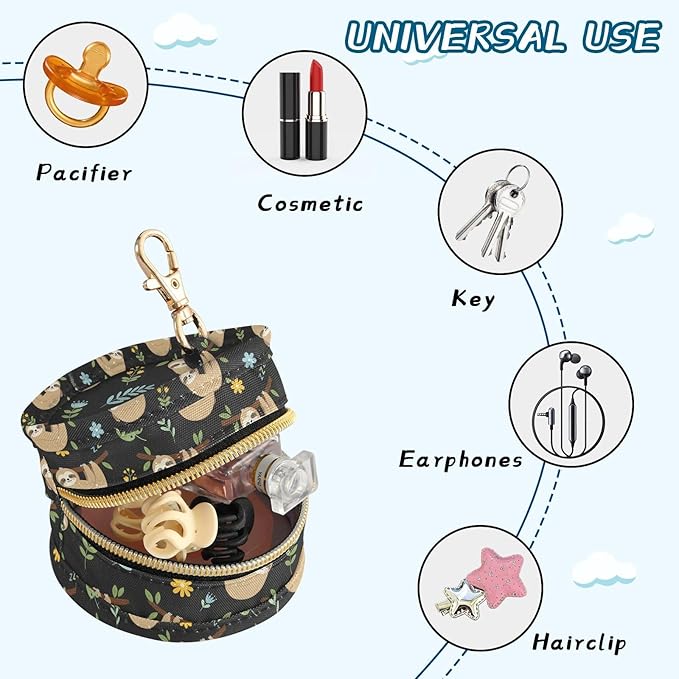 Sloth Leaves Black Print Pacifier Holder Case for Diaper Bag Portable Travel Pacifier Storage Case with Clip Newborn Baby Pouch for Outdoor Purse Baby Boys Girls