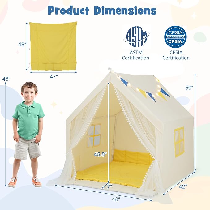 HONEY JOY Kids Tent, Large Kids Play Tent w/Washable Padded Mat, Star Lights, Flags, Windows & Storage Pocket, Indoor Outdoor Toddler Playhouse, 48” x 42” x 50”, Tent for Kids Boys Girls