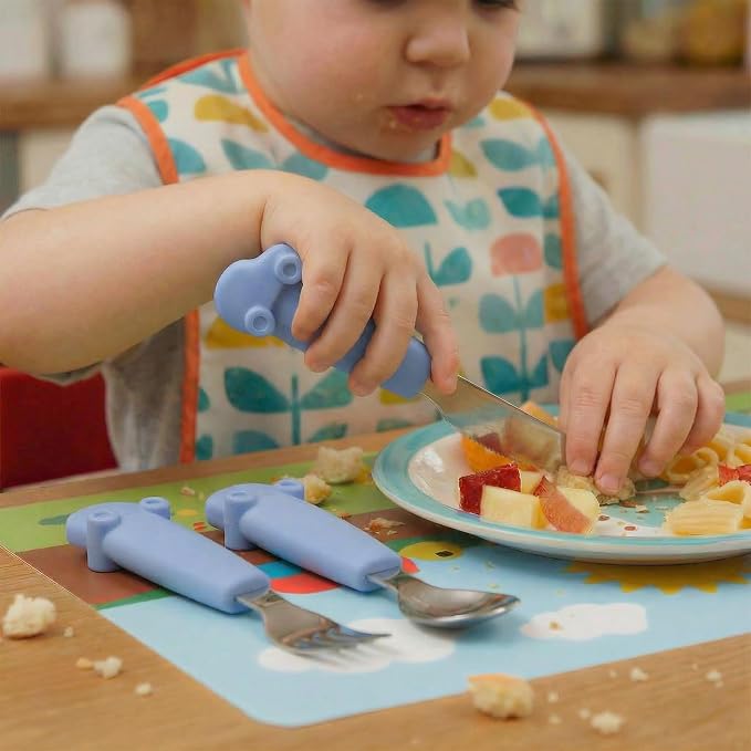 Stainless Steel Silverware Set – Silicone Handle Fork, Spoon & Knife – BPA-Free, Self-Feeding Toddler Utensils | Car Design (Blue)