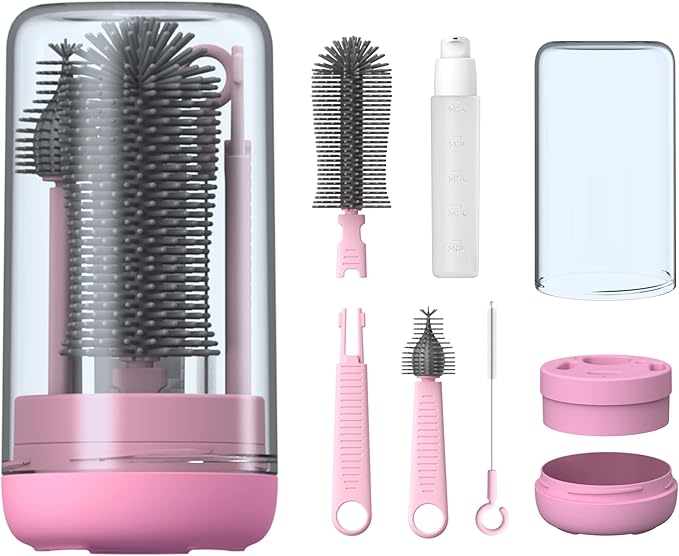 YOTIME Baby Bottle Brush, Travel Bottle Cleaner Kit with Extendable Silicone Bottle Brush, Nipple Cleaner Brush, Straw Brush, Soap Dispenser, Dust Cap and Stand, Pink