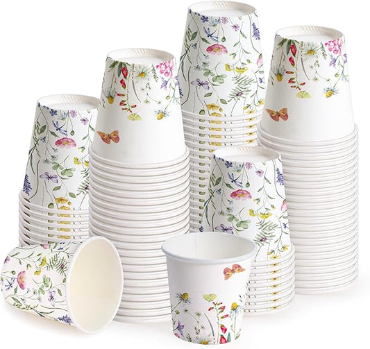 WRAPAHOLIC 3oz Paper Cups - 100 Pack Disposable Bathroom Cups with Wildflower & Butterfly Design, Small Mouthwash Cup for Toothbrush Rinse, Home Bathroom, Picnic, BBQ, Travel and Party