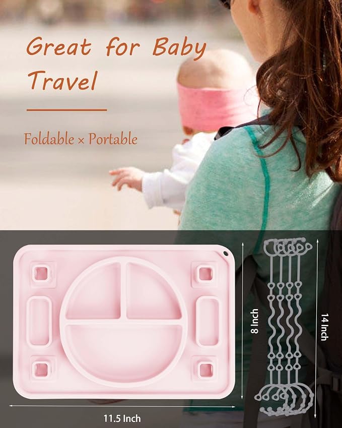 Strong Suction Baby Placemat, STARTURFLYU Silicone Toddler Plate with 4 Toy Straps & Anti-Peel Design, Dishwasher Safe Travel-Friendly Sensory Mat for High Chair, Airplane, Baby Led Weaning (Pink)