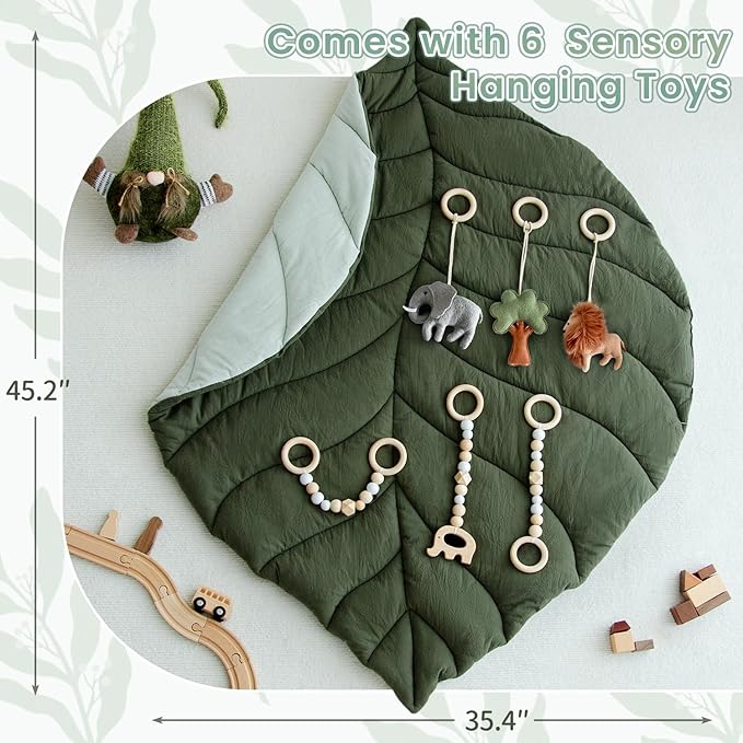 Razee Wooden Baby Play Gym Activity Mat, Leaf Shaped Play Mat Baby Gym with 6 Hanging Sensory Toys Foldable Baby Gym Newborn Infant Baby Use