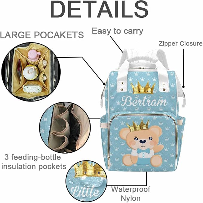 M YESCUSTOM Diaper Bag Custom Name Personalized Crown Diaper Bag with Cartoon Prince Bear Suits for Women Travel Outdoor Use Light Blue