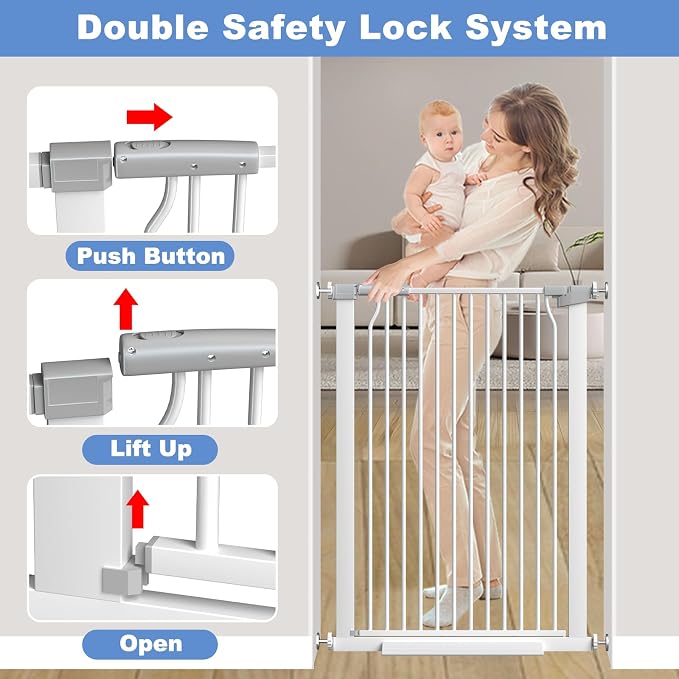 60.2"-65.7" Baby Gates Extra Wide, 40.5" Tall Dog Gate Indoor, Walk Through Pet Gates for Doorways Kitchen No Drilling Auto Close Pressure Mounted Safety Child Toddler Gate, White