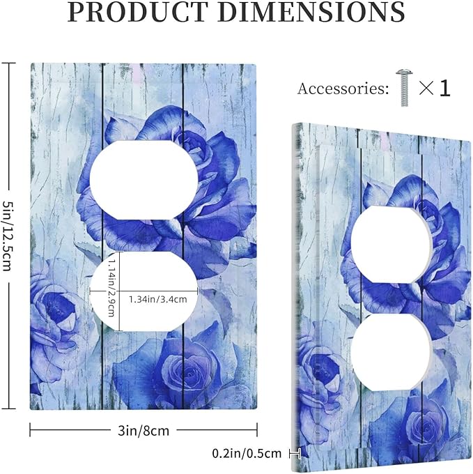 Blue Rose Flower Rustic Wood Plank Floral Outlet Covers 1 Gang Duplex Light Switch Cover Decorative Switch Plates Electrical Receptacle Faceplate Wall Plate for Farmhouse Home Decor