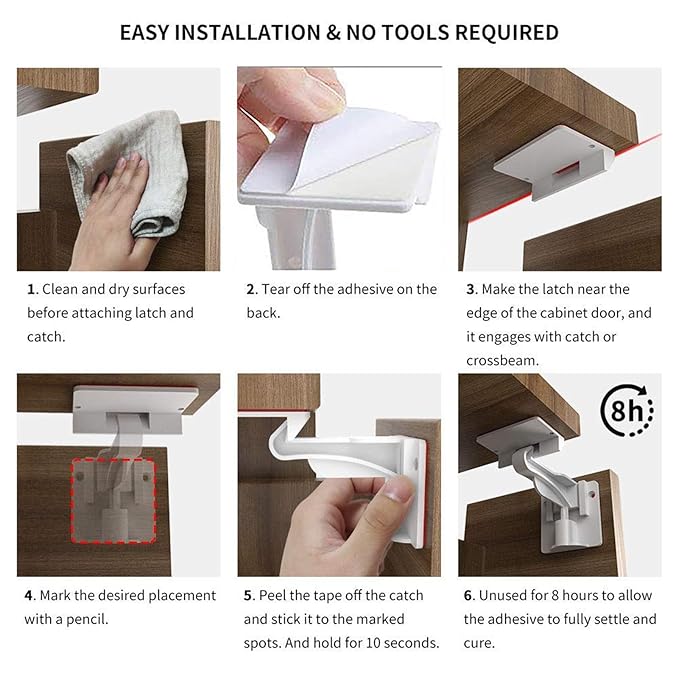 8 Pack Upgraded Invisible Baby Proofing Cabinet Latch Locks – No Drilling or Tools Required, Strong Adhesive, Works with Countertop Overhangs, Secure Child Safety Locks for Cabinets & Drawers