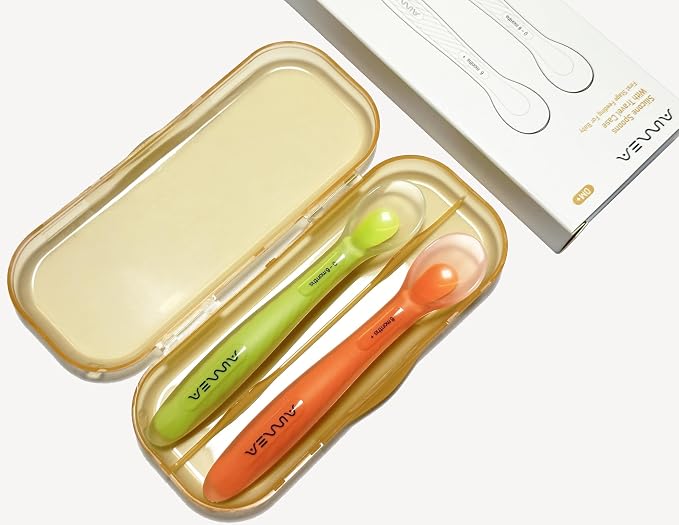 Baby Spoons 2-Pack | Soft Silicone First Stage Feeding Spoon Set with Travel Case | Stage-Based Design for 0-6m & 6m+ | BPA-Free, Gum-Friendly for Infant & Toddler | Lime + Peach