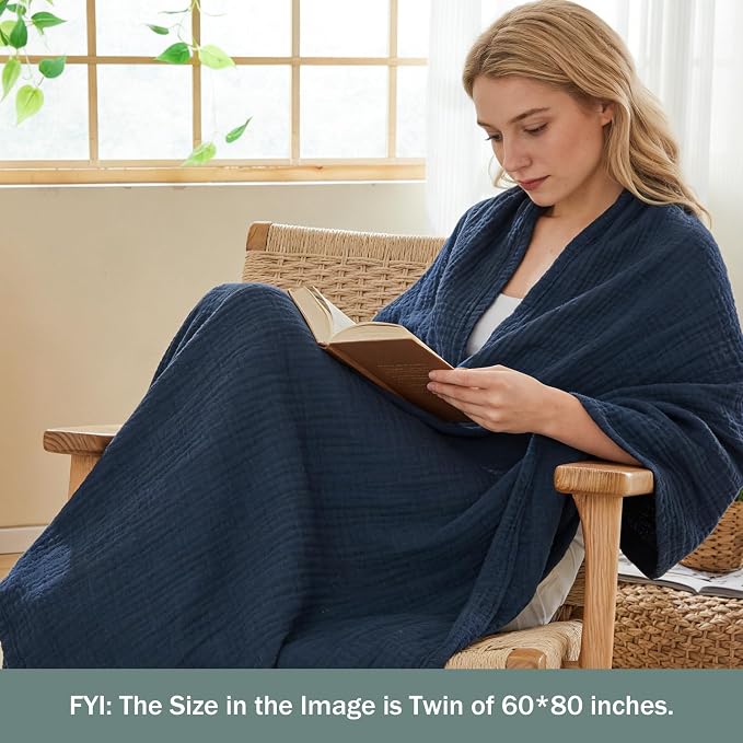 EMME Muslin Blanket 100% Cotton Twin Blankets Navy, 60"x80" Breathable Gauze Blanket All Season Soft and Lightweight Pre-Washed