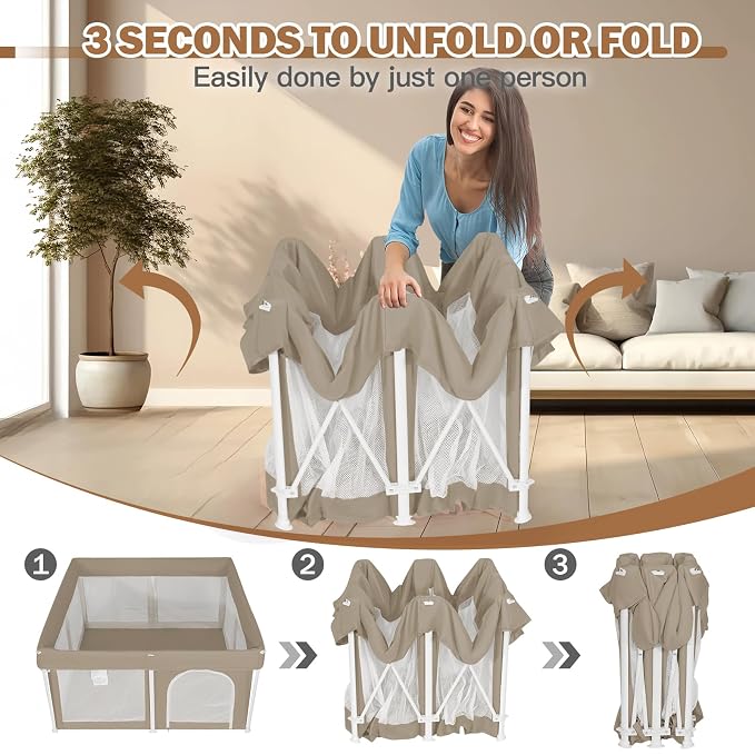 Foldable Baby Playpen 50"×50", Playard for Babies and Toddlers, Portable Safety Baby Fence Lightweight,No Installation, Indoor & Outdoor Playpen with Ocean Balls*50, Beige