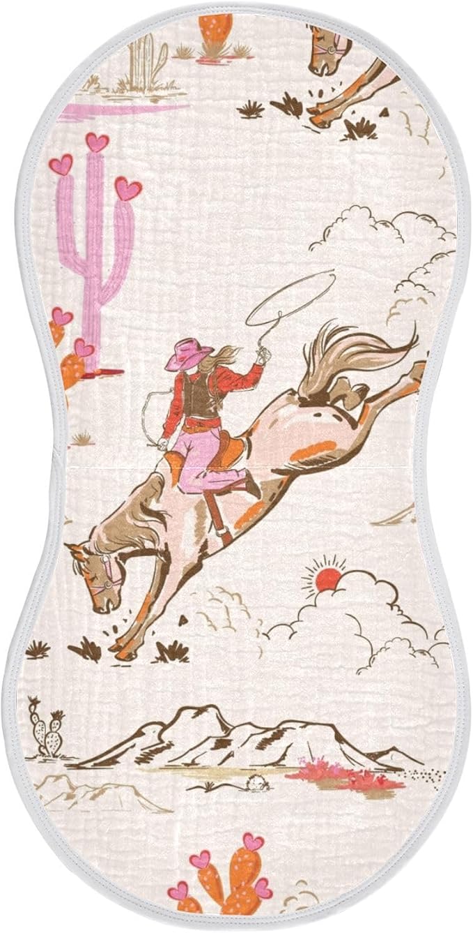 Cute Rodeo Cowgirl Muslin Baby Burp Cloths - Super Absorbent and Soft Burping Rags - Cotton Burp Clothes Set for Boys and Girls, 2 Pack
