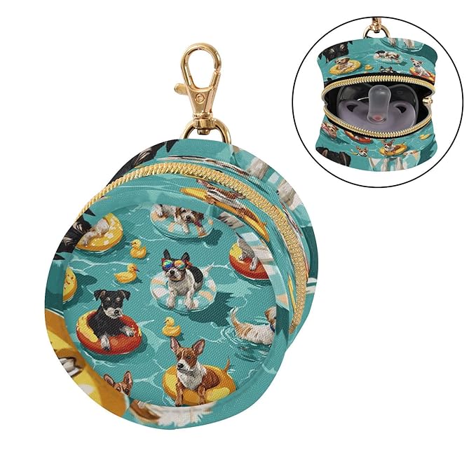 Pacifier Holder with Clip Pacifier Case for Diaper Bag Round Baby Pacifier Pouch Box Bag Portable Teal Swimming Pool Dogs and Ducks