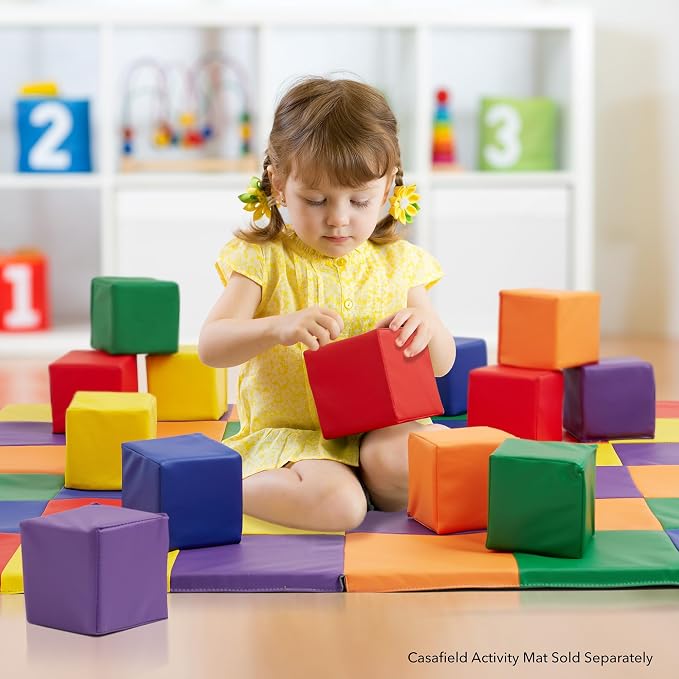 Casafield Toddler Foam Building Blocks (12-Piece Set), 5.5" x 5.5" Soft Play Colorful Kids Stacking Cubes for Daycare, Nursery, Preschool