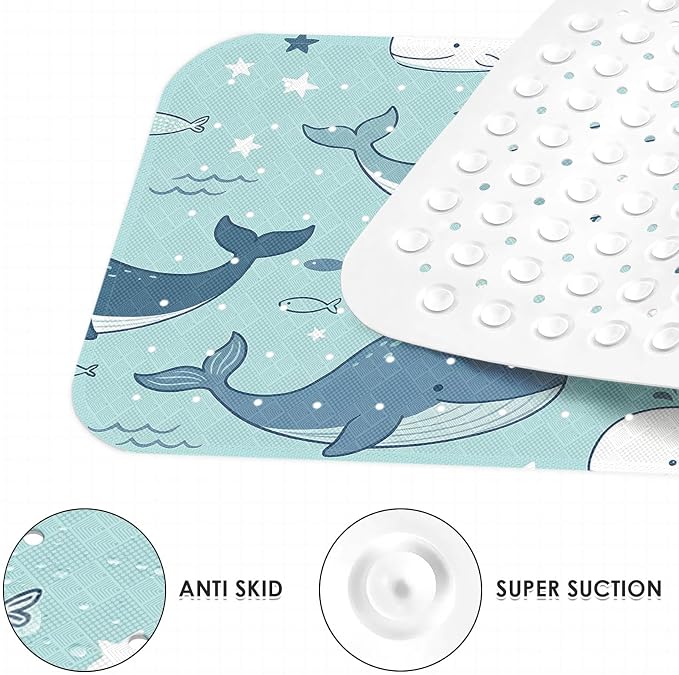 Whale Ocean Bathtub Shower Mat Cute Star Non-Slip Tub Extra Long Bath Floor 40X16 Inch Machine Washable for Bathroom Tub Bath Mat for Toddler and Baby