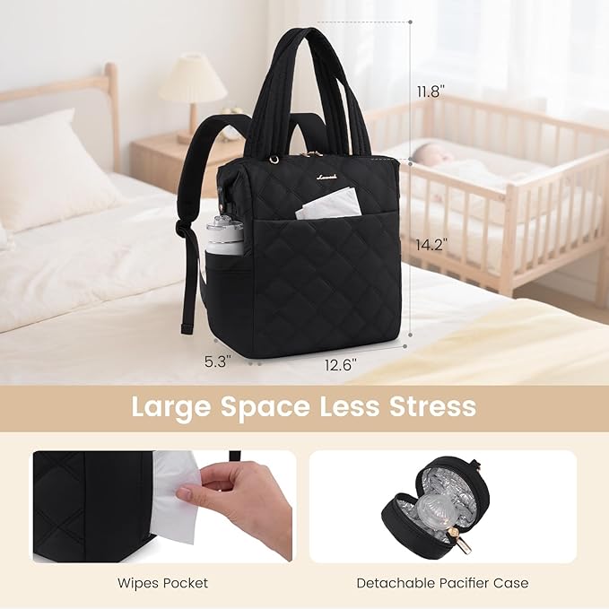 LOVEVOOK Diaper Bag Backpack,Diaper Bag Tote for Mom Dad with Changing Pad,Insulated Pockets, Convertible Mom Backpack with Pacifier Case（Black & Brown）