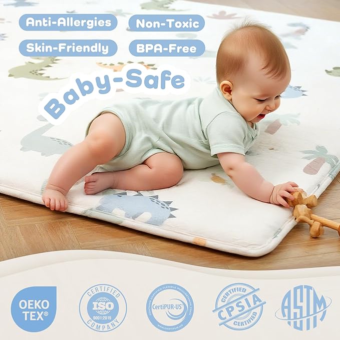 1.5" Thick Premium Baby Play Mat for Floor, 50x50 Padded Memory Foam Play Mat, Tummy Time Crawling Playmat for Nursery Playroom Classroom, Dinosaurs