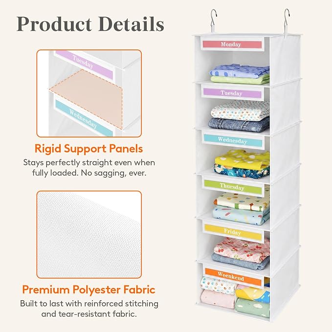 Lifewit 6 Shelf Weekly Clothes 0rganizer for Kids, Baby Hanging Closet Storage with Color Labels for School Outfits, Todder Daily Clothing Divider with Days of The Week Monday to Friday Weekend, White