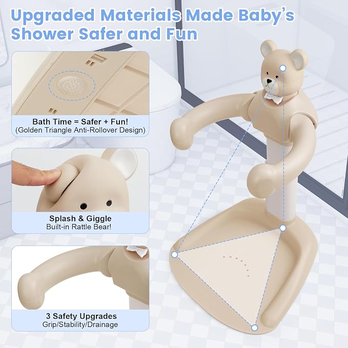 2-in-1 Adjustable Baby Shower Support Set Bear Design with Little Toy Duck | Bathroom Safety Standing Infant Shower Chair & Bather Station | Portable Non-Slip Bathing Stand for 6-48 Months