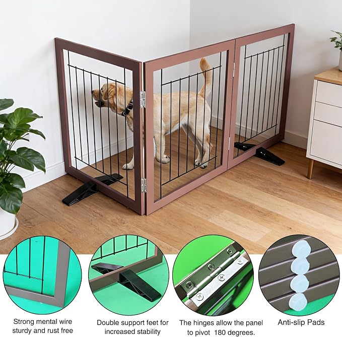 Dog Fence Indoor - 3-Panel Freestanding Dog Gate for Doorways, Hallways, House or Stairs -60x32-Inch Retractable Foldable Expandable Wood Pet by SFJC (Brown)