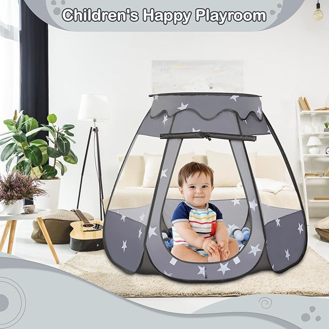 Baby Ball Pit for Toddler with 50 Balls, Kids Pop Up Play Tent for Girls, Princess Toys Gifts for Children Indoor & Outdoor Playhouse (Black: Gray/White/Babyblue, 109x90cm/50 Balls)
