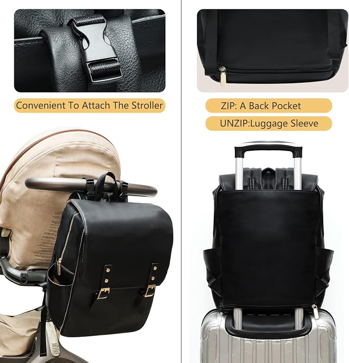 miss fong Leather Diaper Bag Backpack Baby Diaper Bag for mom dad with 12 Pockets,Diaper Changing Pad and 4 Insulated Pockets Dark Black