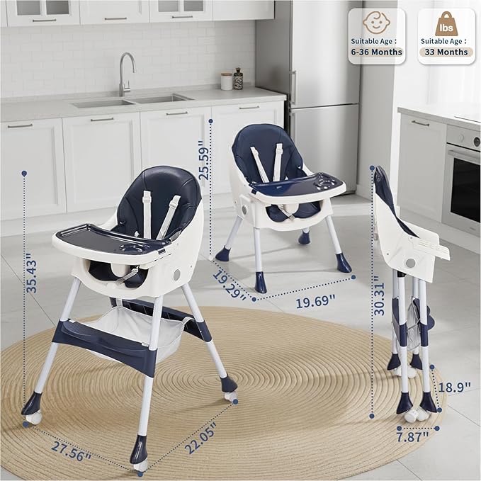 Ktaxon Foldable Baby High Chair, 2-in-1 Portable Convertible Highchair with 5-Point Safety Harness, Easy to Clean Tray and Storage Bag for Toddlers & Babies, Navy Blue