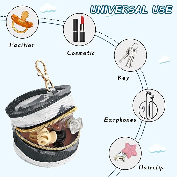 Pacifier Holder Watercolor Mountain Pacifier Storage Case with Zipper & Metal Hook Buckle Portable Container for Baby Binky