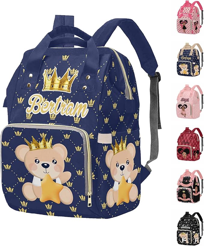 Personalized Prince Bear Mommy Bag with Name, Custom Golden Crown on Blue Plaid Diaper Bags, Waterproof Nylon Backpack for Travel with Large Capacity, Nursing Daypack for Women New Mom