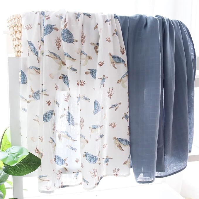 LifeTree Muslin Swaddle Blankets, Baby Swaddling Wrap Nursery Receiving Blanket for Boys & Girls, Soft 70% Viscose from Bamboo and 30% Cotton, Large 47 x 47 inches, Sea Turtle & Solid Colors