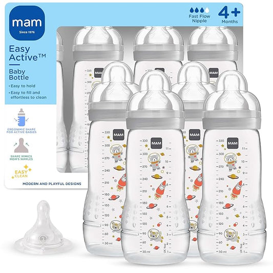 MAM Easy Active Baby Bottle 4 Pack, 11oz, BPA Free, Fast Flow Silicone Nipple, Anti-Slip Grip, Leak-Proof, 4+ Months, Cotton