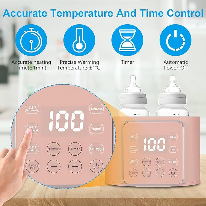 Baby Bottle Warmer 9-in-1 Multifuntion Breast Milk Warmer, Fast Baby Food Heater & Defrost Warmer with Timer for Twins, LCD Display Accurate Temperature Adjustment, 24H Constant Mode (Rose)