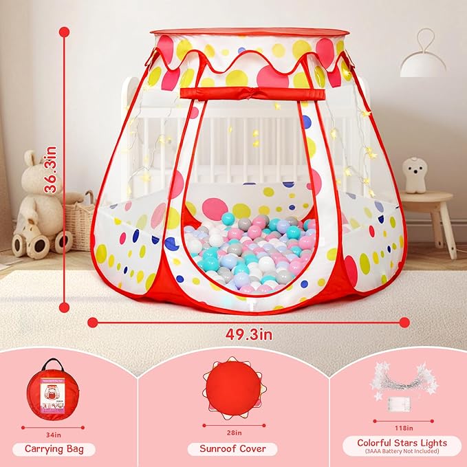 PopUp Princess Tent, Toddler Girl Toys Baby Ball Pit with LED Star Lights, Foldable Kid Play Tent with Carrying Bag, Indoor Outdoor 1 2 3 Year Old Girls Toy Gift for Birthday/Christmas, Red
