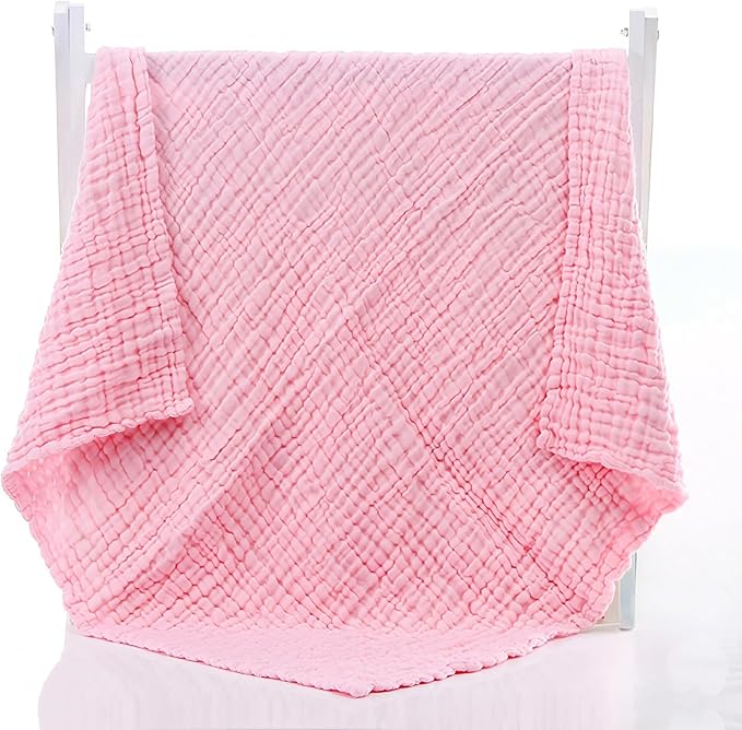 Aablexema Muslin Baby Blanket Set of 2, 6-Layers 43 x 43 Inches Baby Bath Towel Swaddle Wrap Blankets for Newborn Girls(White & Pink)