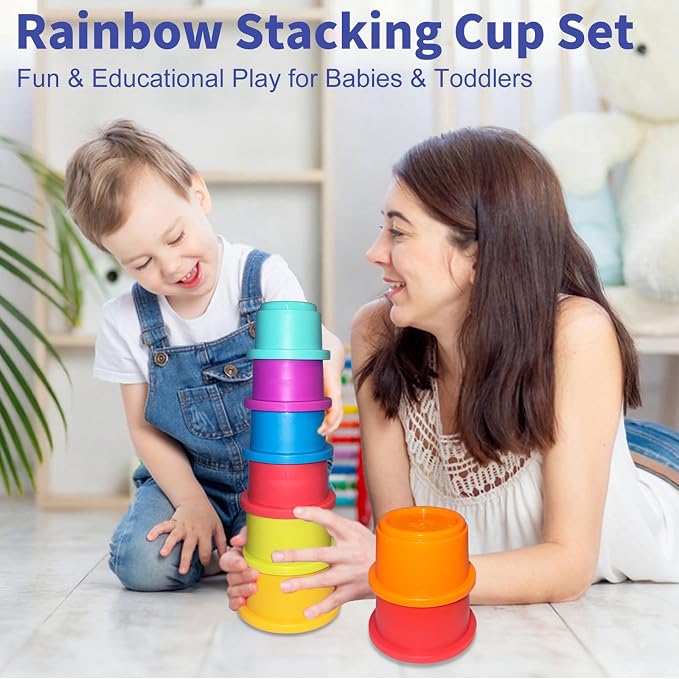 WEEJOYGAM Stacking Cups Baby Toys 6 to 12 months, Nesting Stacking Toys for Toddlers 1-3, Learning Montessori Toys for 1 Year Old Boy Girl Gifts, Sensory Color Sorting Bath Pool Beach Stackable Blocks