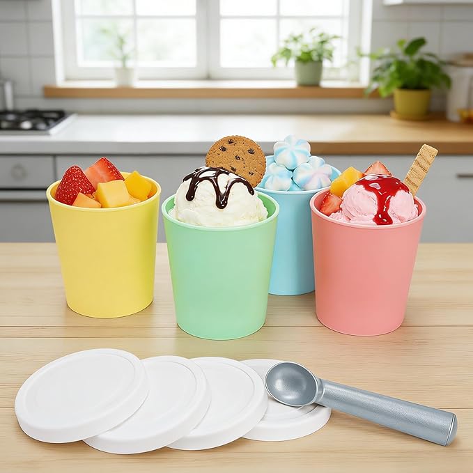4 Pack Ice Cream Containers, 1 Quart Reusable Freezer Storage Tubs with Silicone Lids Spoon, Ice Cream Pint BPA-Free Yogurt Containers for Homemade Sorbet, Dishwasher Safe