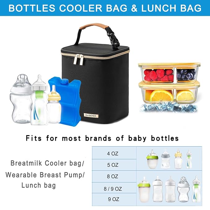 Breastmilk Cooler Bag with Ice Pack Fits 4 Baby Bottles Up to 9 Ounce, Baby Bottle Cooler Bag Suitable for Nursing Mom Daycare, Black