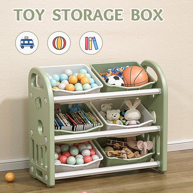 Kids Toy Organizer with 6 Storage Bins, Toy Organizer and Storage for Kids’ Toys, Children Toy Storage Organizer for Playroom, Kids Room, Nursery Room (Green)
