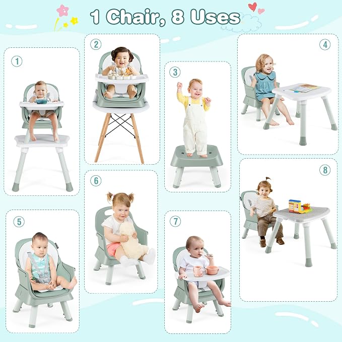 HONEY JOY 8 in 1 Baby High Chair, Convertible Highchair for Babies and Toddlers/Table and Chair Set/Building Block Table/Booster Seat/Stool/Toddler Chair with Safety Harness (Green)