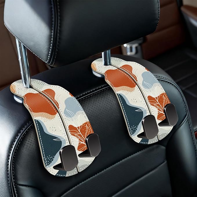 Blusabaca 2PCS Car Seat Back Storage Headrest Hooks, Abstract Leaves Purse Holder Bags Hanger, PU Leather Double Metal Hook for Backseat Organizer, Women Car Accessories Organization