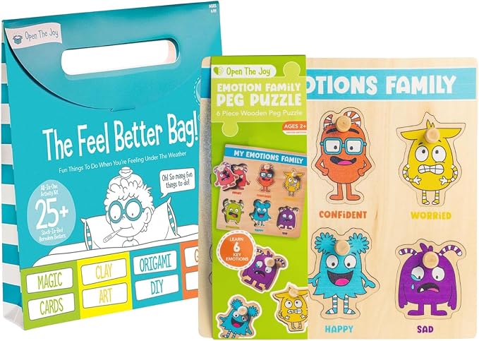 Open The Joy Emotional Healing Bundle – Feel Better Activity Bag + My Emotions Family Peg Puzzle | Get Well Soon Gift for Kids with 25+ Activities, SEL Learning Toy, Emotional Recognition Puzzle, Ages