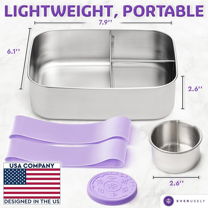 Everusely - Bento Box - Lavender, 47oz / 1.4 L - Large Stainless Steel Lunch Box with Leakproof Condiment Container - 3 Compartment Snack Organizer for On the Go Meals - Freezer & Dishwasher Safe
