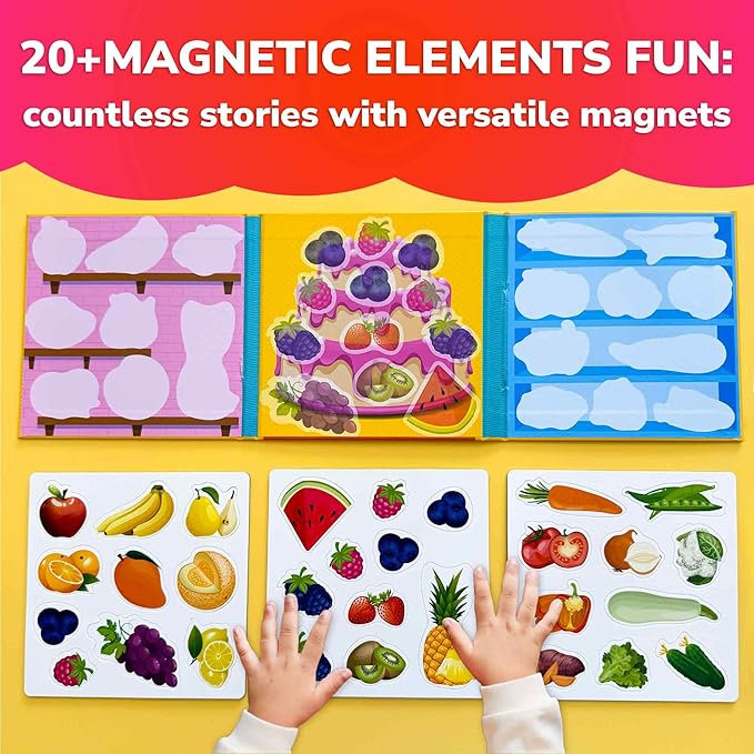 QUOKKA Travel Magnetic Puzzles for Toddlers 1-3 – 20+Pcs Fruits & Vegetables Game – Fun Travel Game Toy for Kids Ages 3-5 – Strong Magnets for Car Activities – Fun Toddler Puzzle Ages 2-4