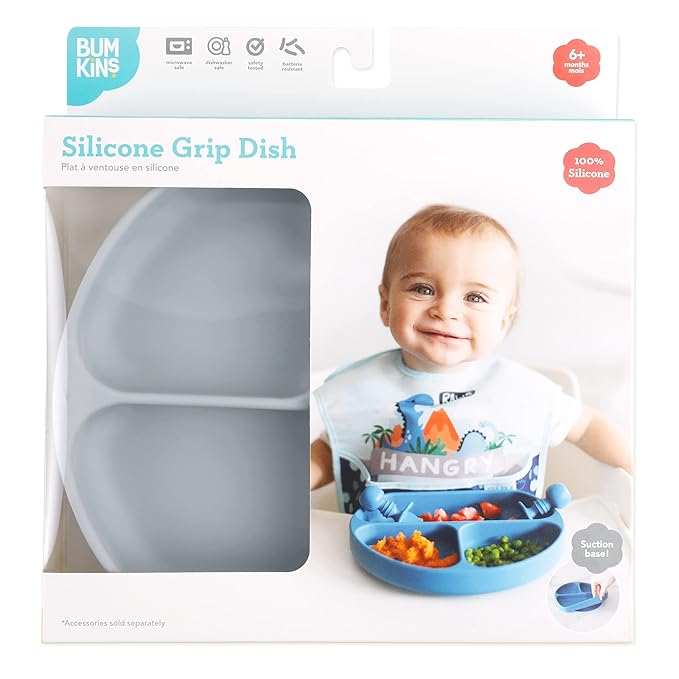 Bumkins Toddler and Baby Suction Plate, Divided Grip Dish for Babies and Kids, Baby Led Weaning, Feeding Supplies, Sticks to Tables and Highchairs, Platinum Silicone, for Chidren 6 Months, Gray