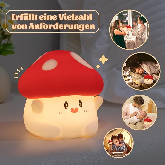 Rytinazzz Silicone Night Light for Kids, 50H Long Battery Mushroom Lamp, Gift for Kids, Cute Bedside Light for Girls Room, Rechargeable Tap Control