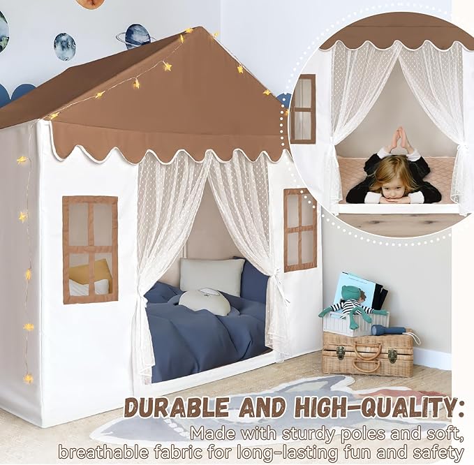Kids Play Tent with Mat, Large Playhouse Play Tent Indoor for Girls Boys, Kids Tent Toys for Toddlers Children Play House Toy Birthday Gift (Brown)