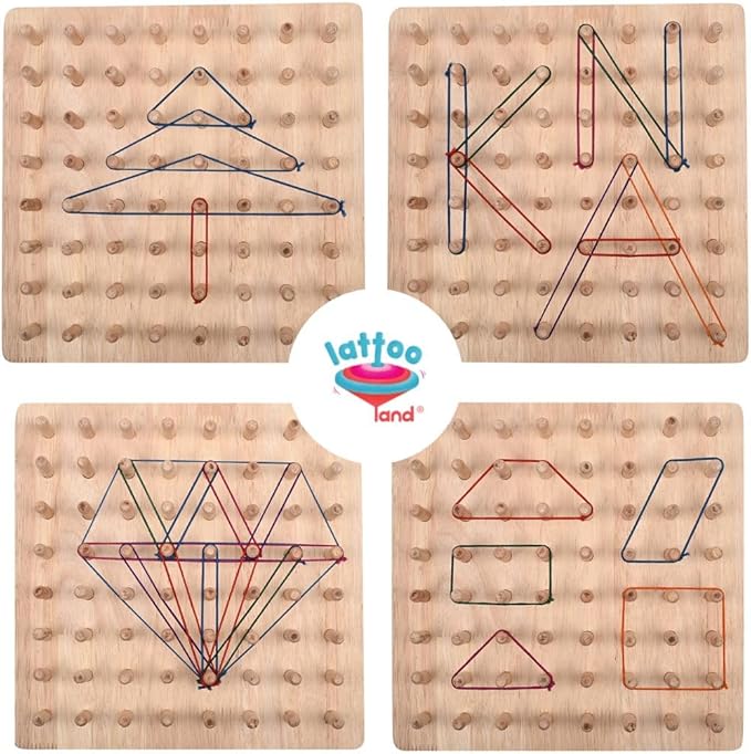 Lattooland Wooden Geoboard (8x8 Big Size) with Wooden Pegs | NO Nails | Brain Board Montessori STEM Toy for Kids | 42 Pattern Cards, Bands | Math Geometry Educational Game 3 4 5 6 Year Boys Girls