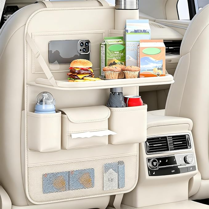 Universal Foldable Car Backseat Organizer with Table Tray, Car Seat Back Protector with Touch Screen Phone Holder, Premium Leather Kick Mats with Storage Pockets Tissue Holder (Beige)
