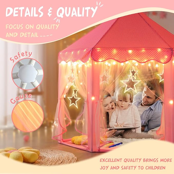 Princess Tent for Girls with Big Star Lights, Kids Playhouse Castle Play Tent, Birthday Girl Gift, Indoor Princess Game (Pink, Big Star Lights)
