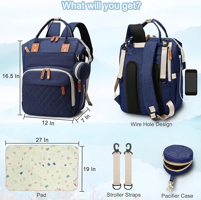 Black Diaper Bag Backpack, Multifunctional Waterproof Mommy Bag with Changing Pad, USB Port, Stroller Straps, Large Capacity Baby Travel Bag (blue)