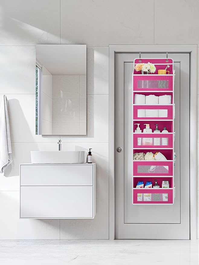 JARLINK 2 Pack Over The Door Organizer Storage, 5 Shelf Hanging Door Organizer with 5 Large Capacity Pockets, Anti Tilt 44 lb Load Behind Door Storage for Bedroom, Bathroom, Pantry, Nursery, Rose Pink